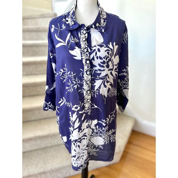 Soft Surroundings Blue & White Floral Beaded Long Cotton Tunic - Picture 1 of 9